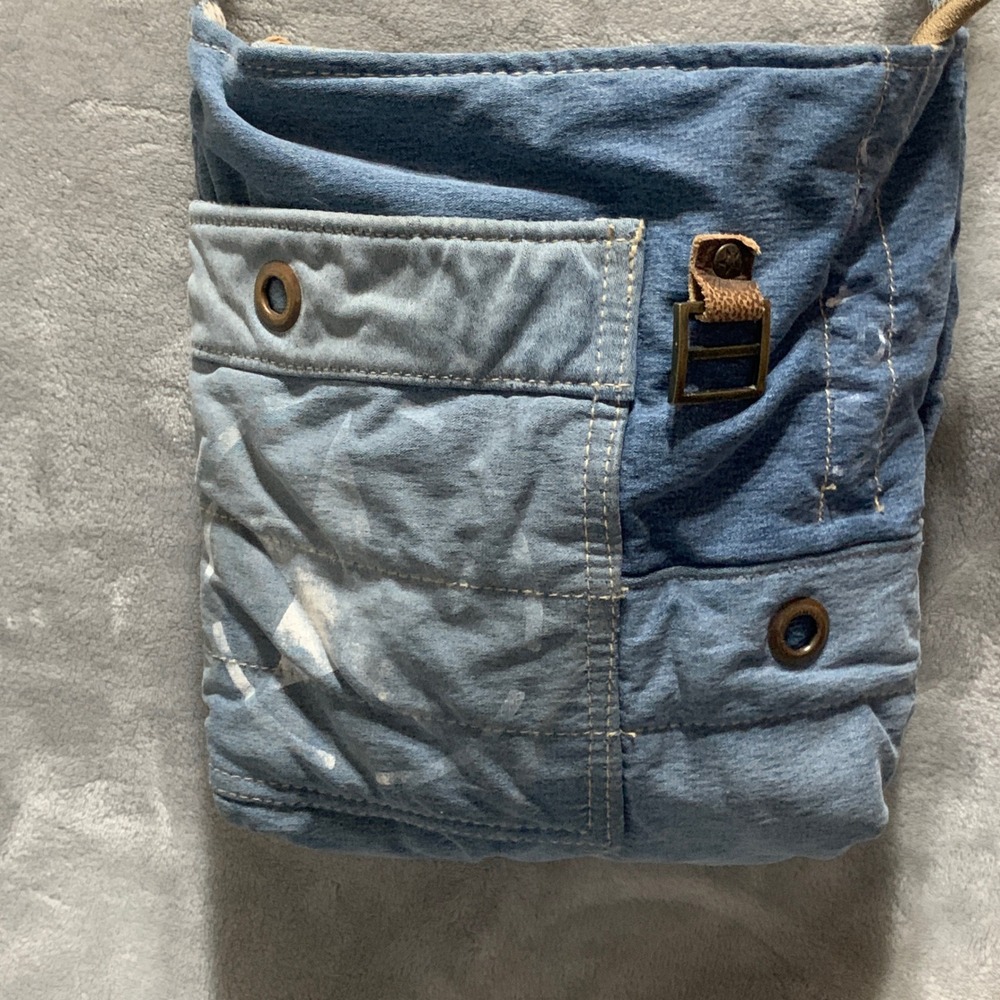 Myra Bag Upcycled Denim US Army Patchwork Crossbody Bag Blue Canvas Leather